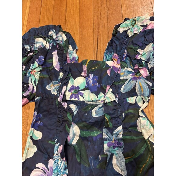 FARM RIO Blue Floraline Ruffle Floral Print Midi Dress Puff Sleeve Size M - Picture 5 of 9